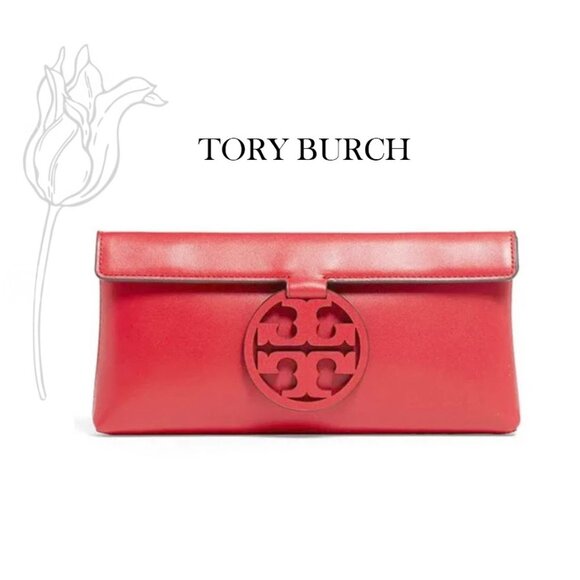 Tory Burch Miller Cutout Logo Clutch Bag in Ruby Red Leather Magnetic Flap - Picture 1 of 12